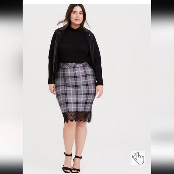 Torrid Pencil Skirt 1x Black Gray Plaid Lace Trim Back Slit Studio Ponte Lux - Picture 1 of 15